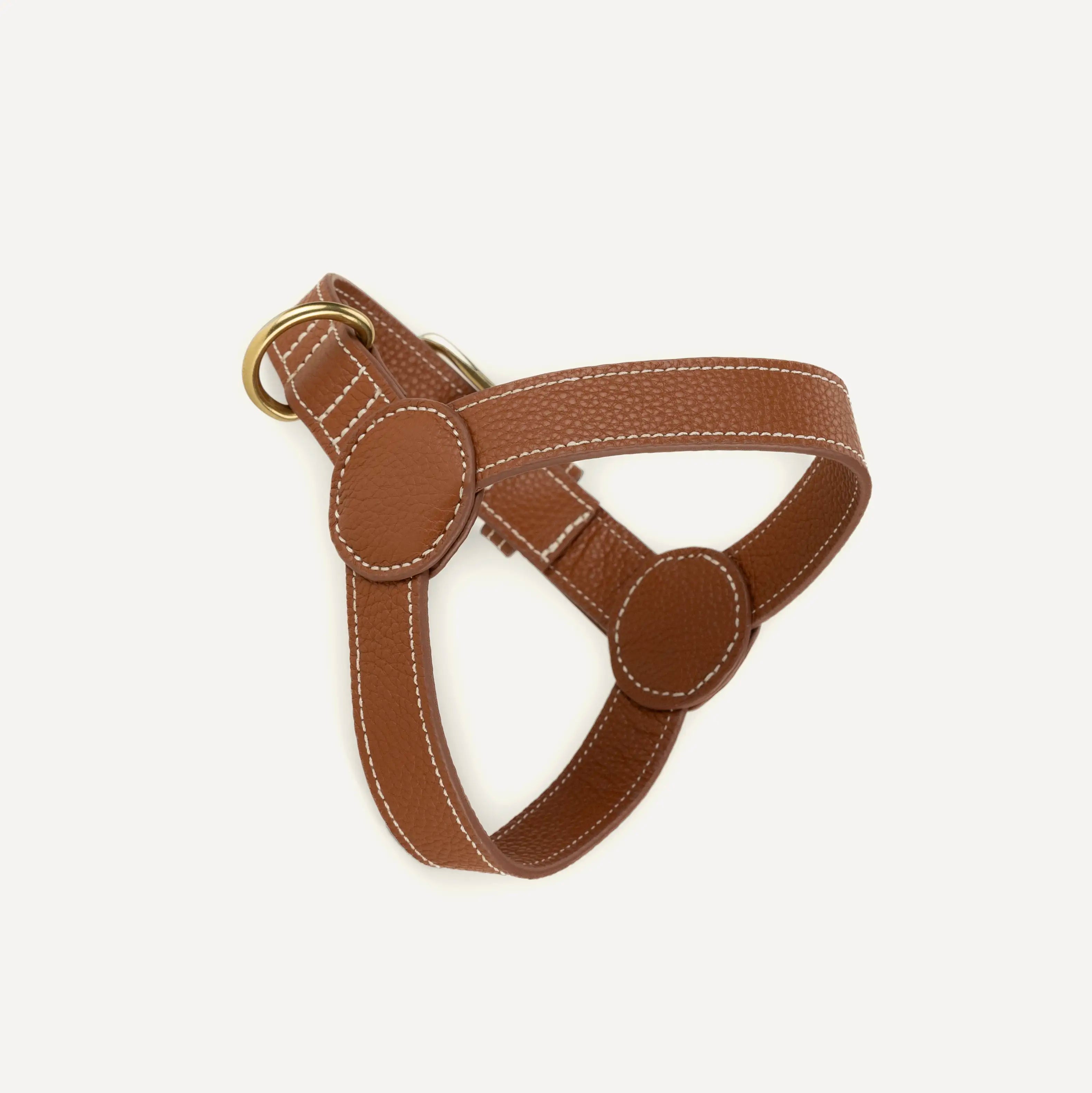 Close up image of a leather dog harness on a white background