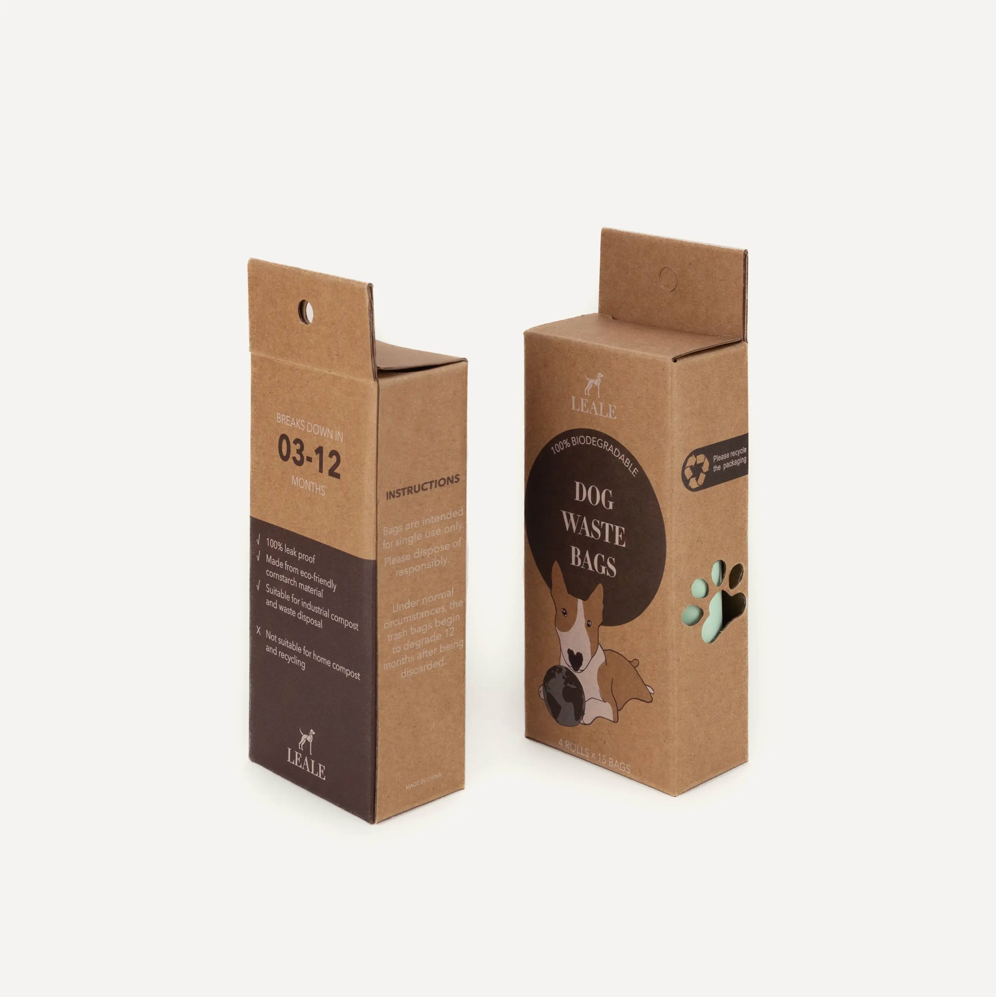 Product image of a cardboard box of dog waste bags on a white background