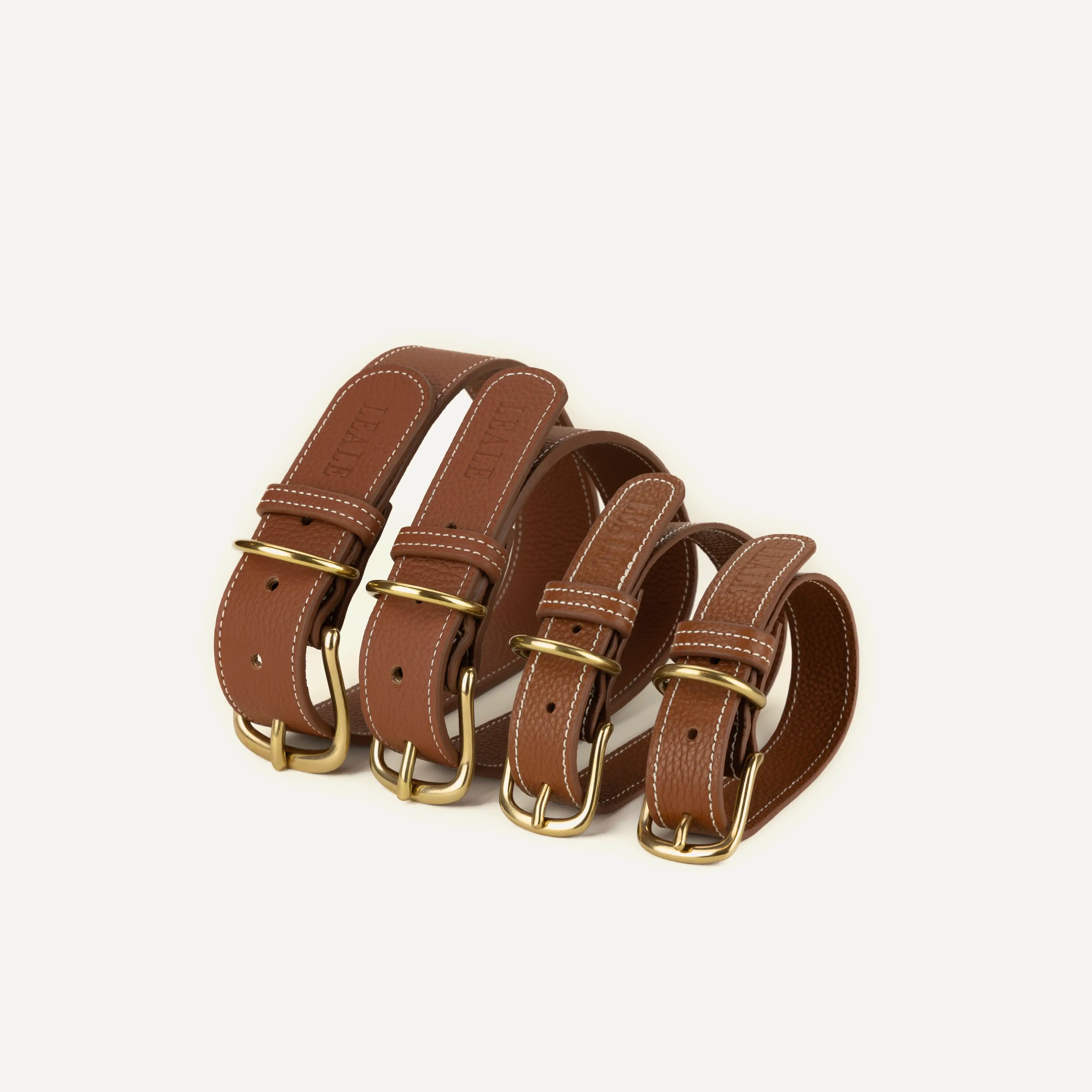 Product image of leather dog collars in various sizes on a white background