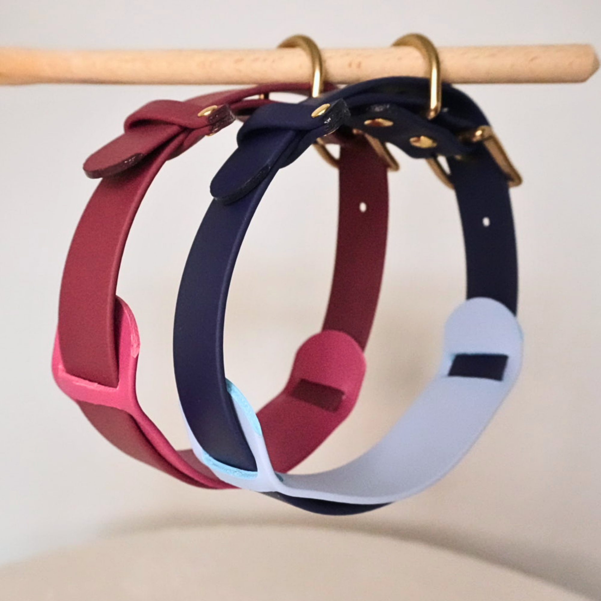 Twoadjustable dog collars, hanging from gold-tone rings on a wooden dowel against a light beige background.