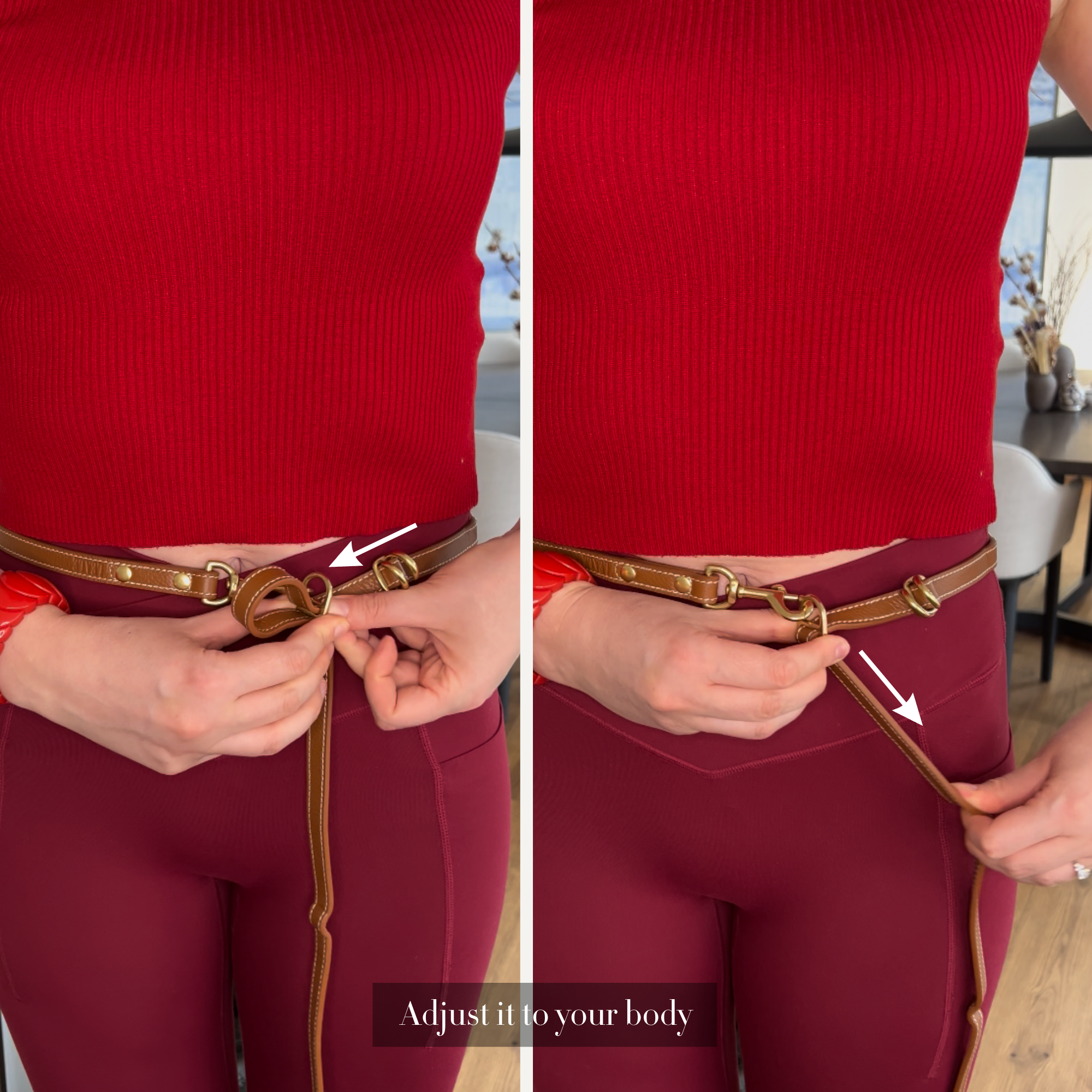 Person adjusting a handsfree dog leash with integrated belt on red pants with text 'Adjust it to your body'. #lang_en
