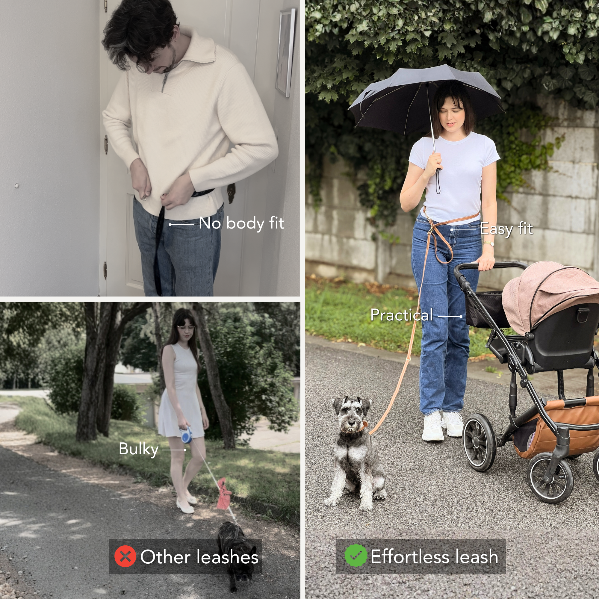 Woman walking a dog using a handsfree leash with a stroller, holding an umbrella, and walking on a sidewalk. #lang_en