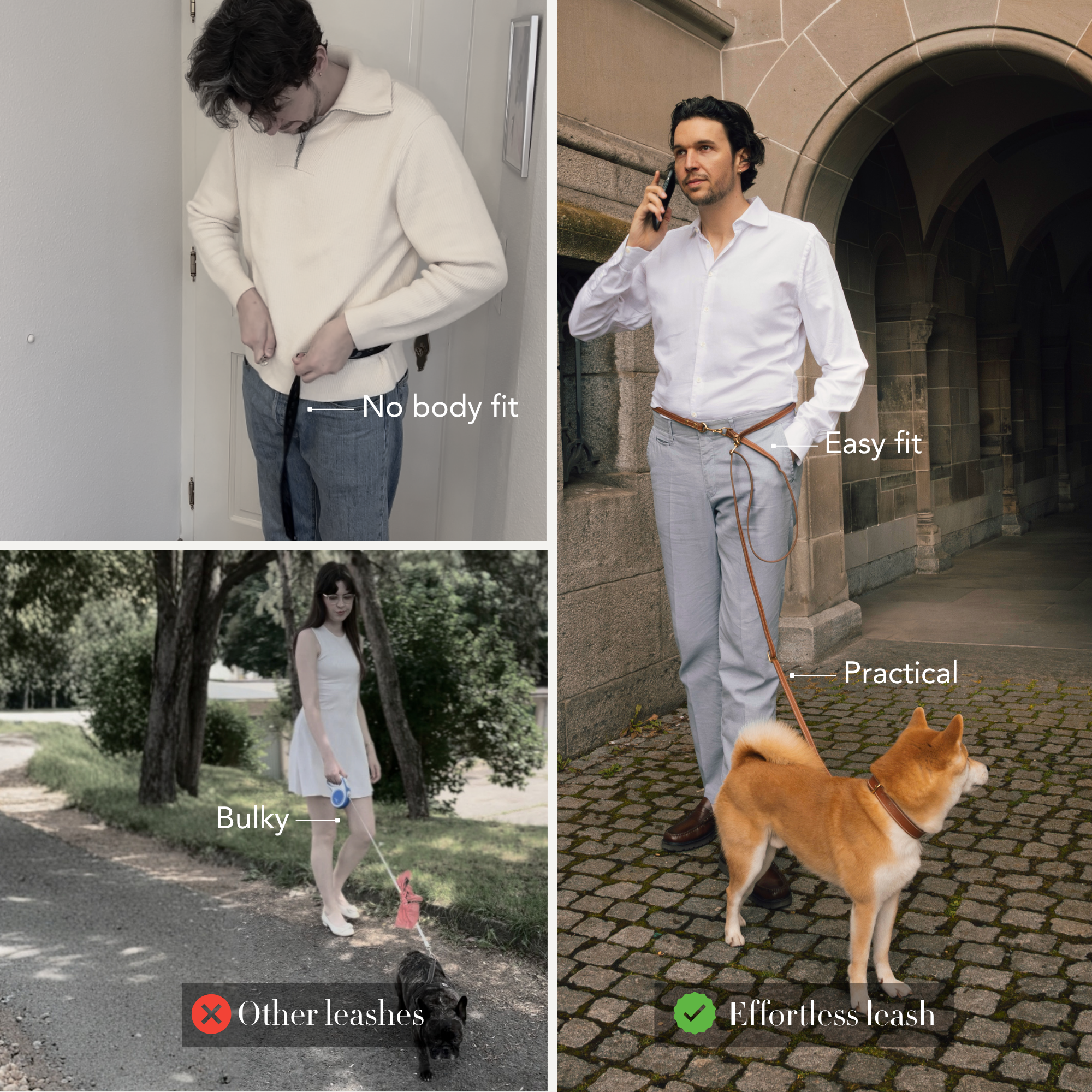 Collage of people walking dogs with different leashes, labeled 'Smart by design' and 'Other leashes', showcasing how the LEALE Effortless leash walks for any body or situation. #lang_en