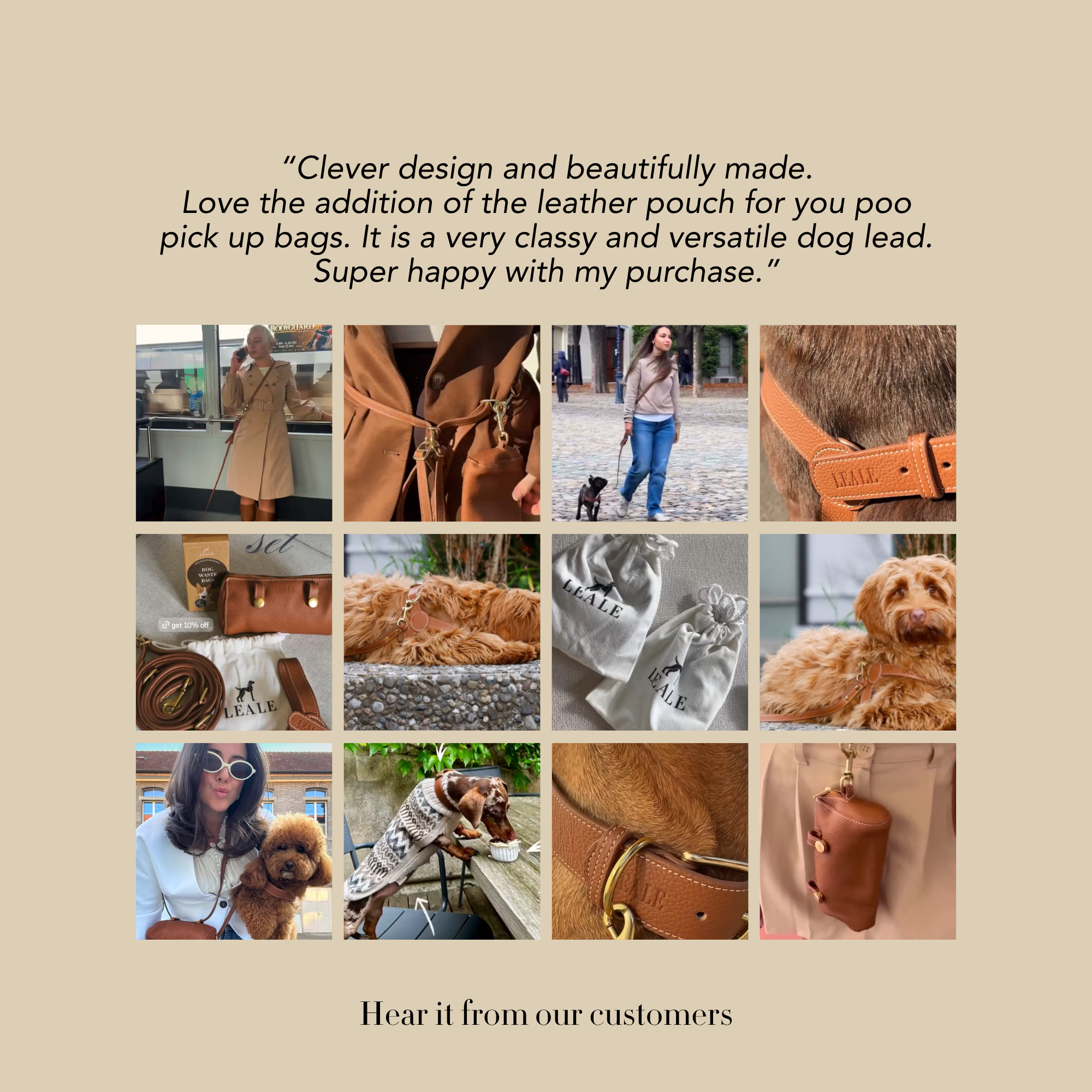 Collage of people and dogs with pet products, featuring a quote from a customer. #lang_en