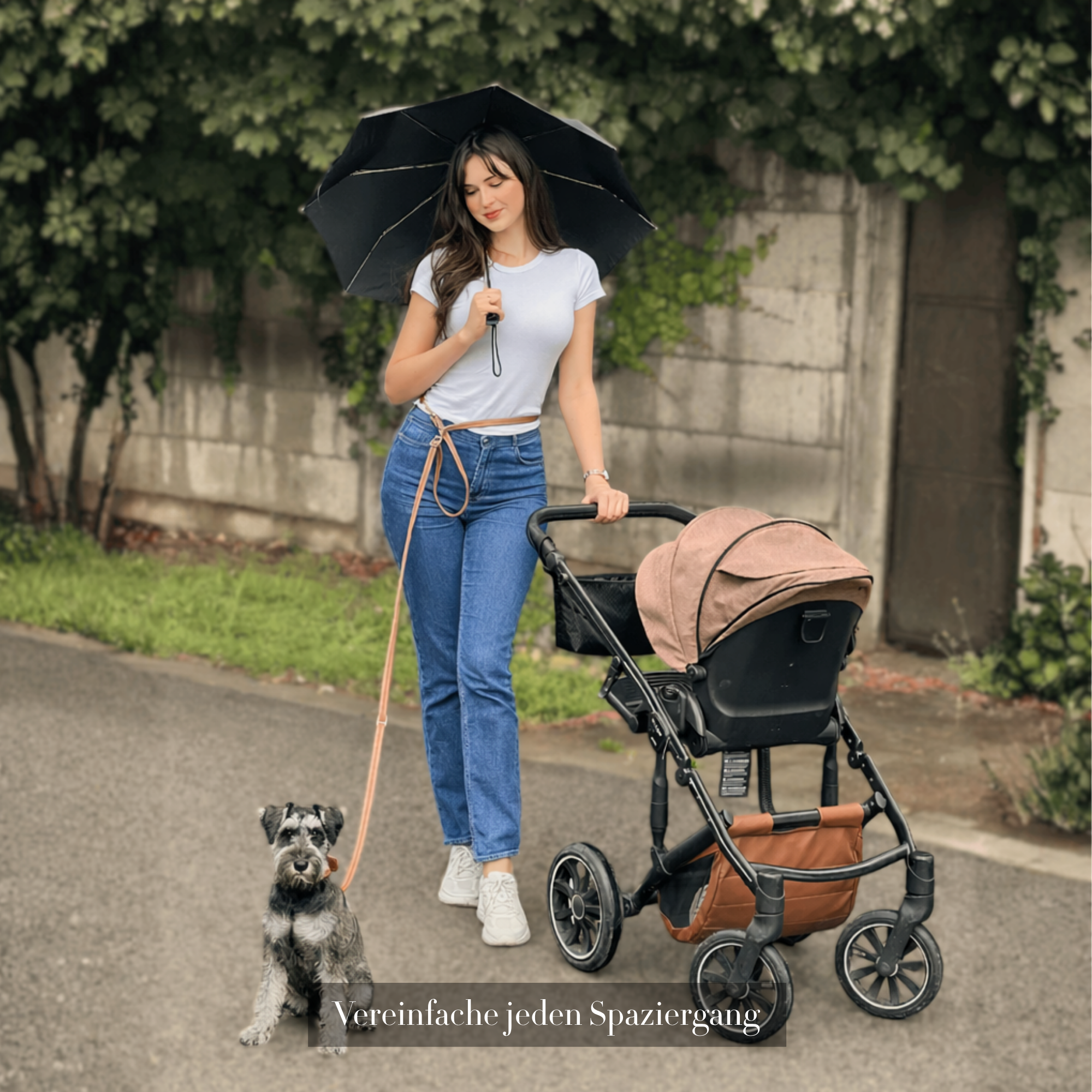 Woman walking a dog and pushing a stroller with an umbrella in hand. #lang_de