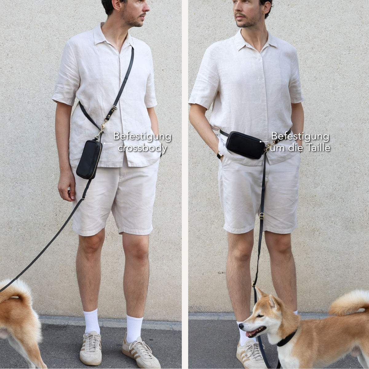 A man wearing a light beige linen short-sleeve shirt and matching shorts stands outdoors against a textured wall, shown in two views. He wears a small black crossbody bag and ithe same bag on the leash worn around his waist, showing two wear modes of the pouch. #lang_de