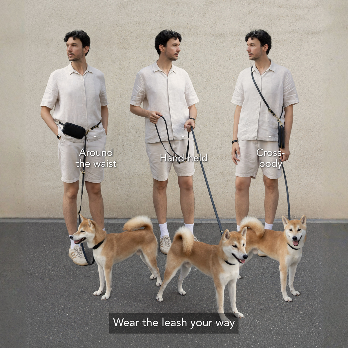 image shows three wear modes of a dog leash: like a belt, across the body, or hand-held. #lang_en