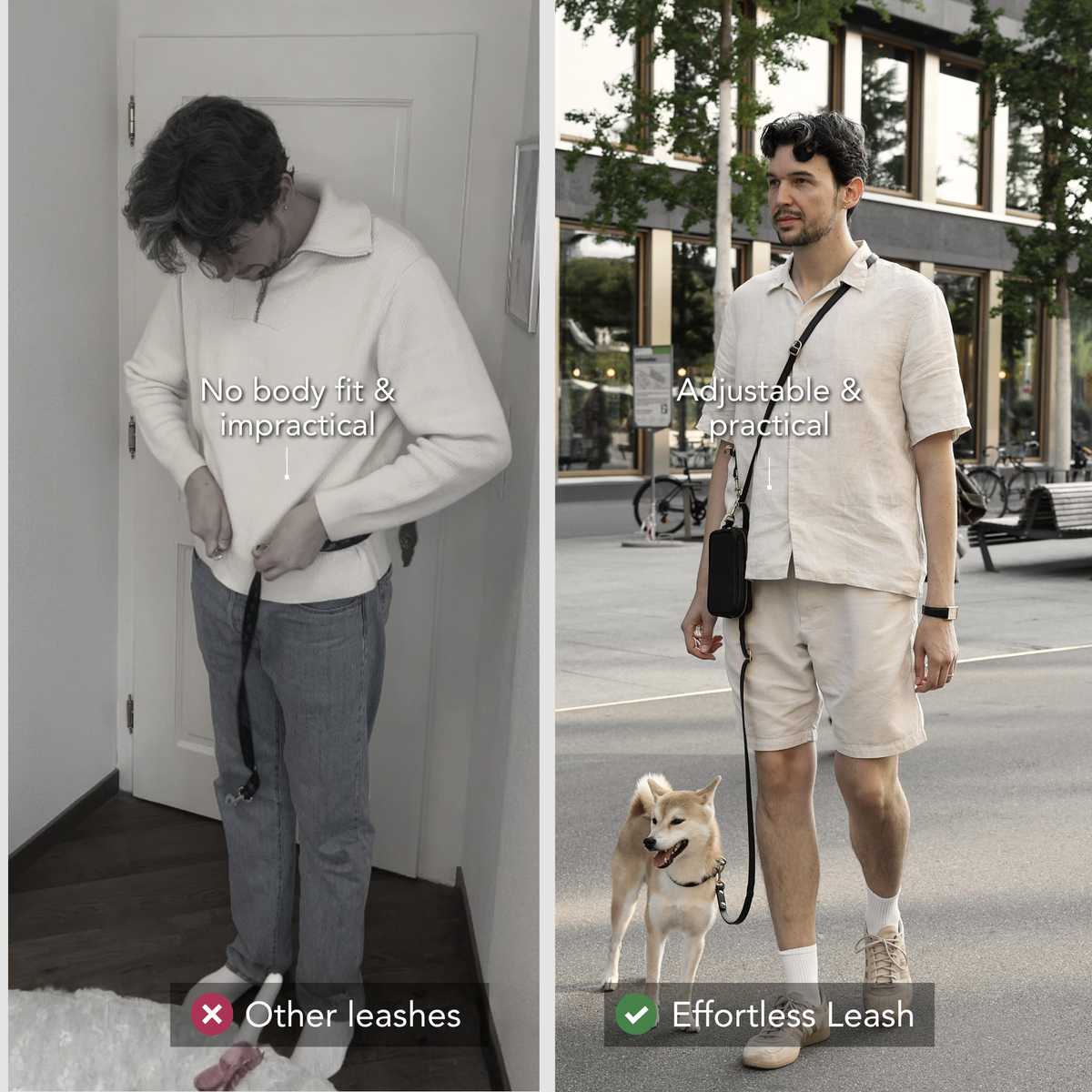 A split comparison showing a man wearing a dog leash in two different settings. The left panel is in black and white, showing a man indoors adjusting an impractical leash that is too thin and short. The right panel shows an adjustable and practical leash worn hands-free. #lang_en