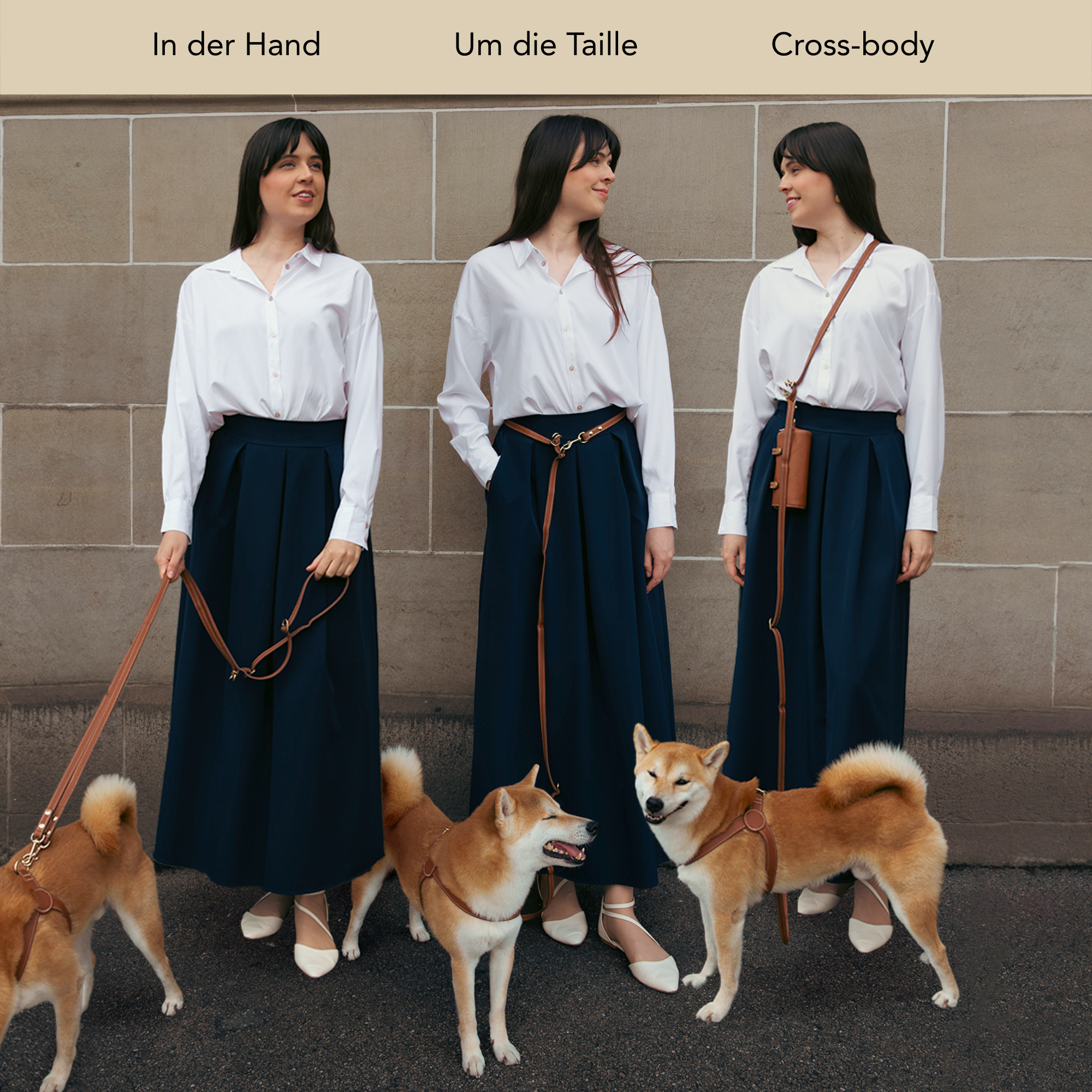 Woman demonstrating different ways to use a dog leash. #lang_de