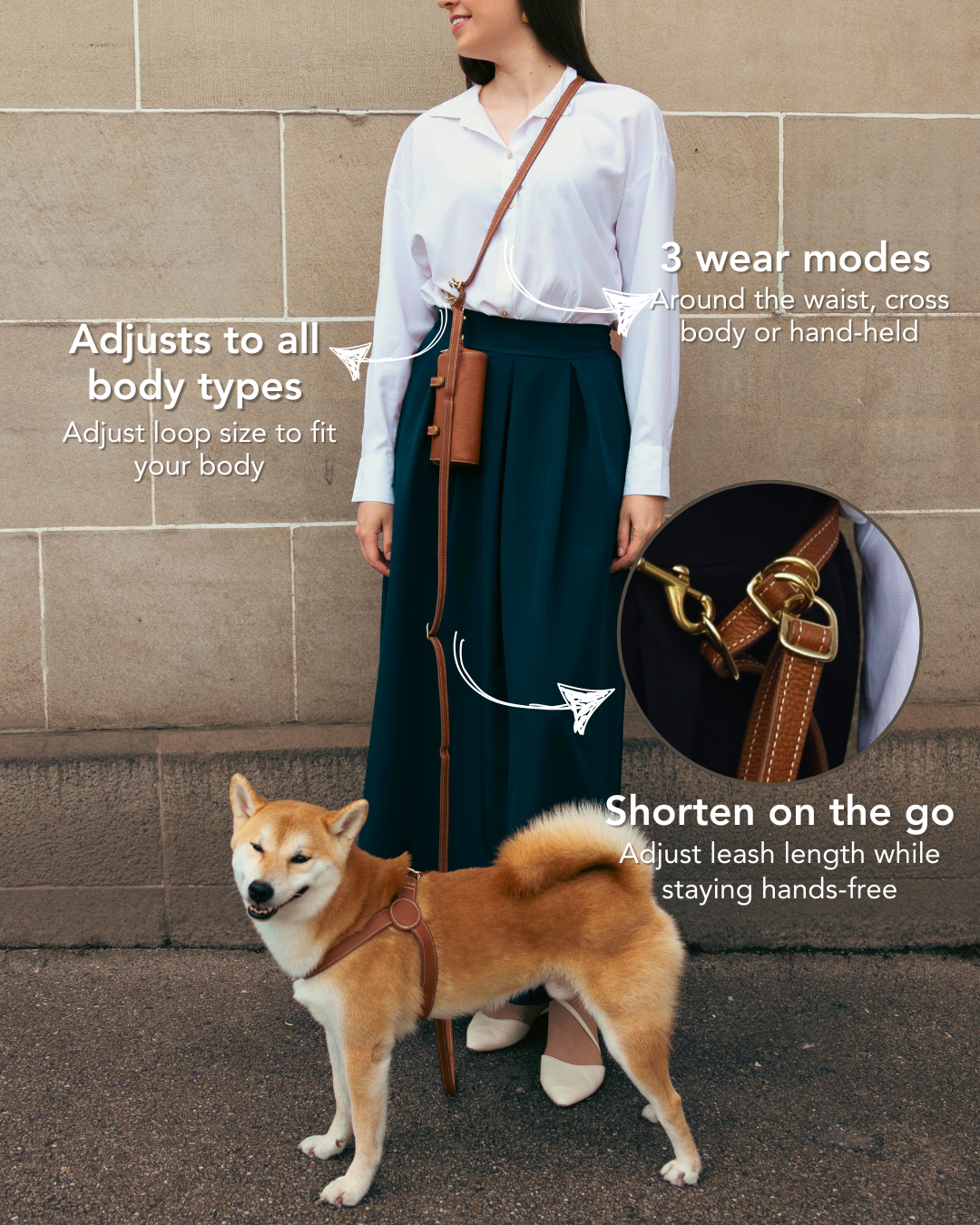 Handsfree dog leash on a woman in cross-body mode, a shiba inu dog wearing a harness