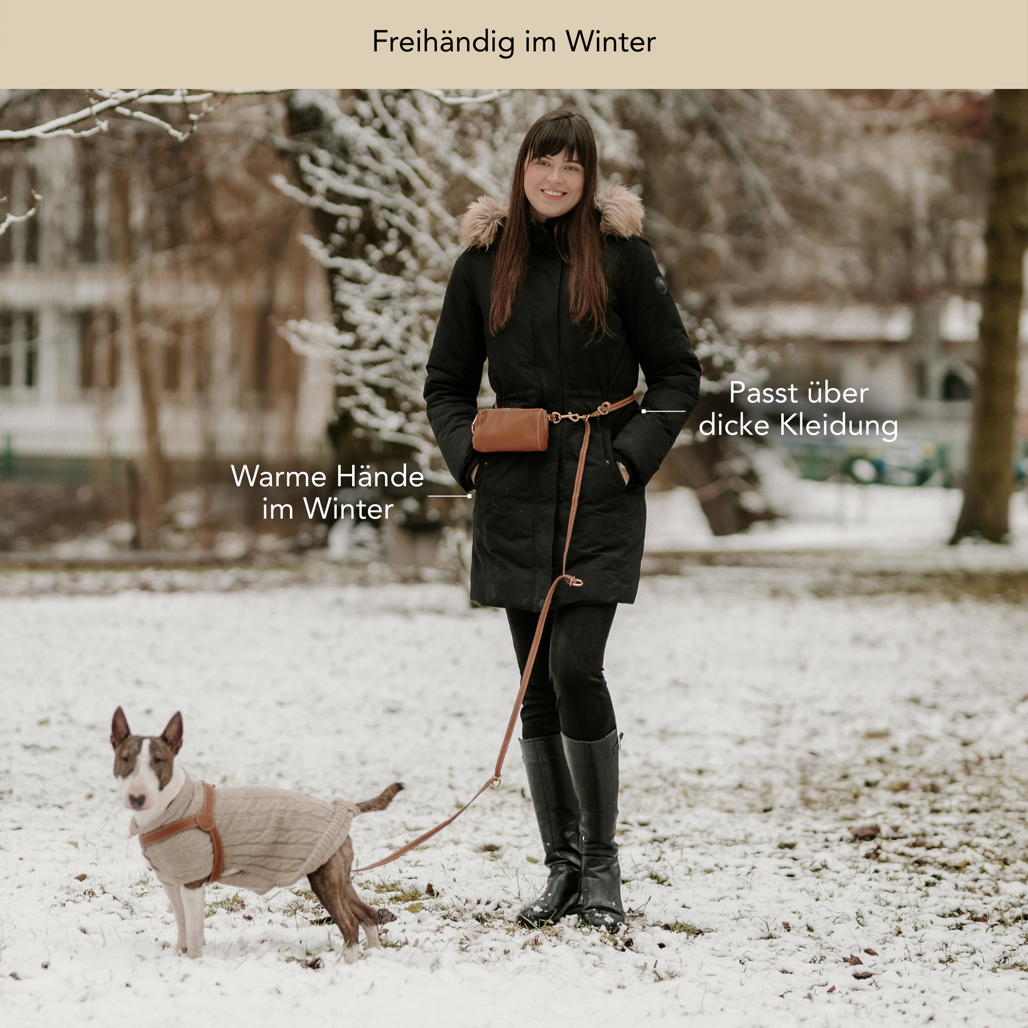Woman walking a dog in a snowy park with text overlay about winter clothing and accessories. #lang_de