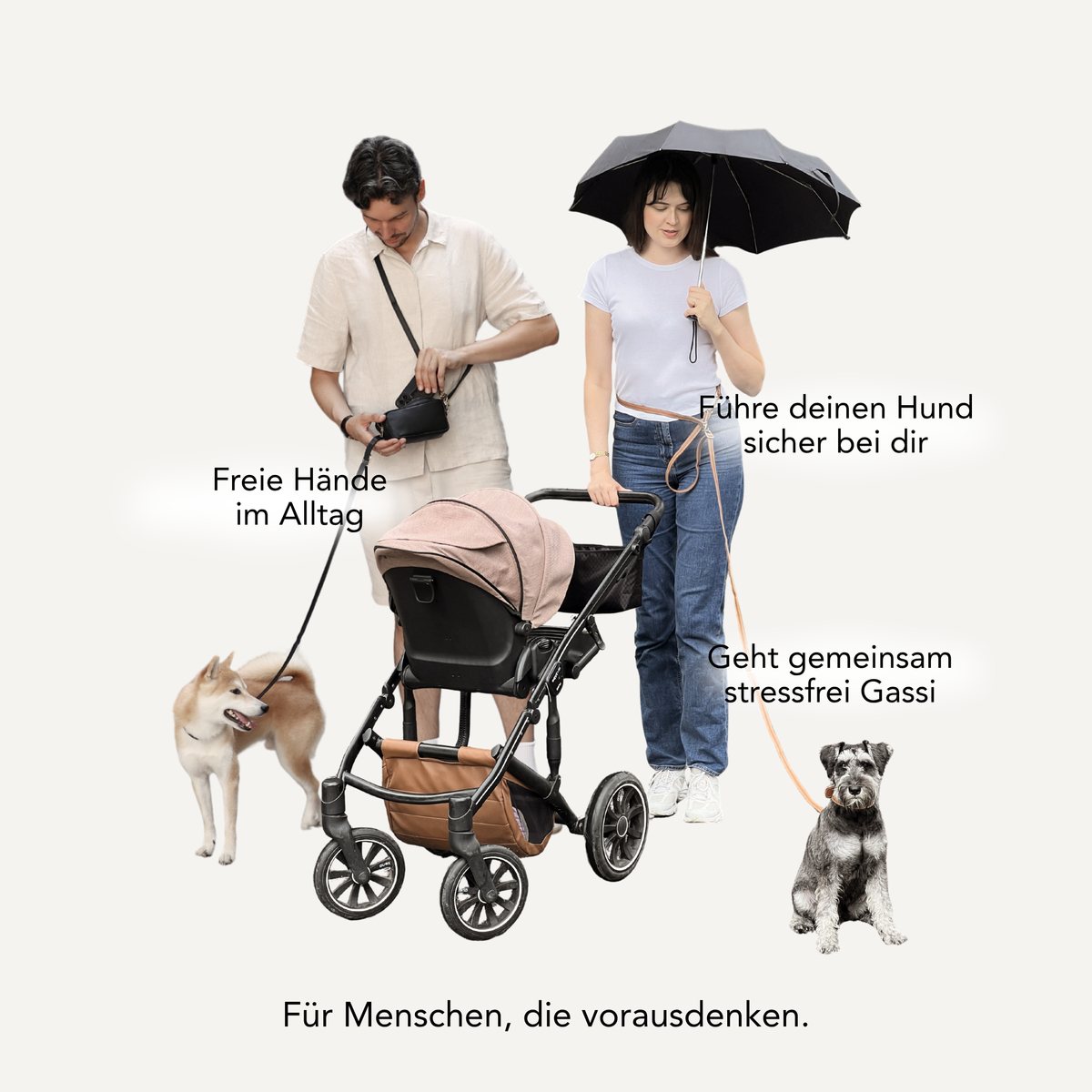 A lifestyle promotional image showing a man and a woman with two dogs beside a stroller, with German text callouts and an umbrella, focusing on the benefits of a handsfree dog leash. #lang_de