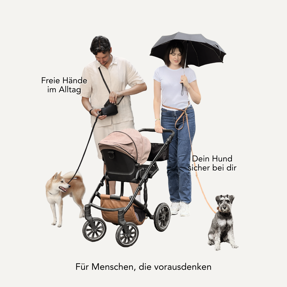 A lifestyle promotional image showing a man and a woman with two dogs beside a stroller, with German text callouts and an umbrella, focusing on the benefits of a handsfree dog leash. #lang_de