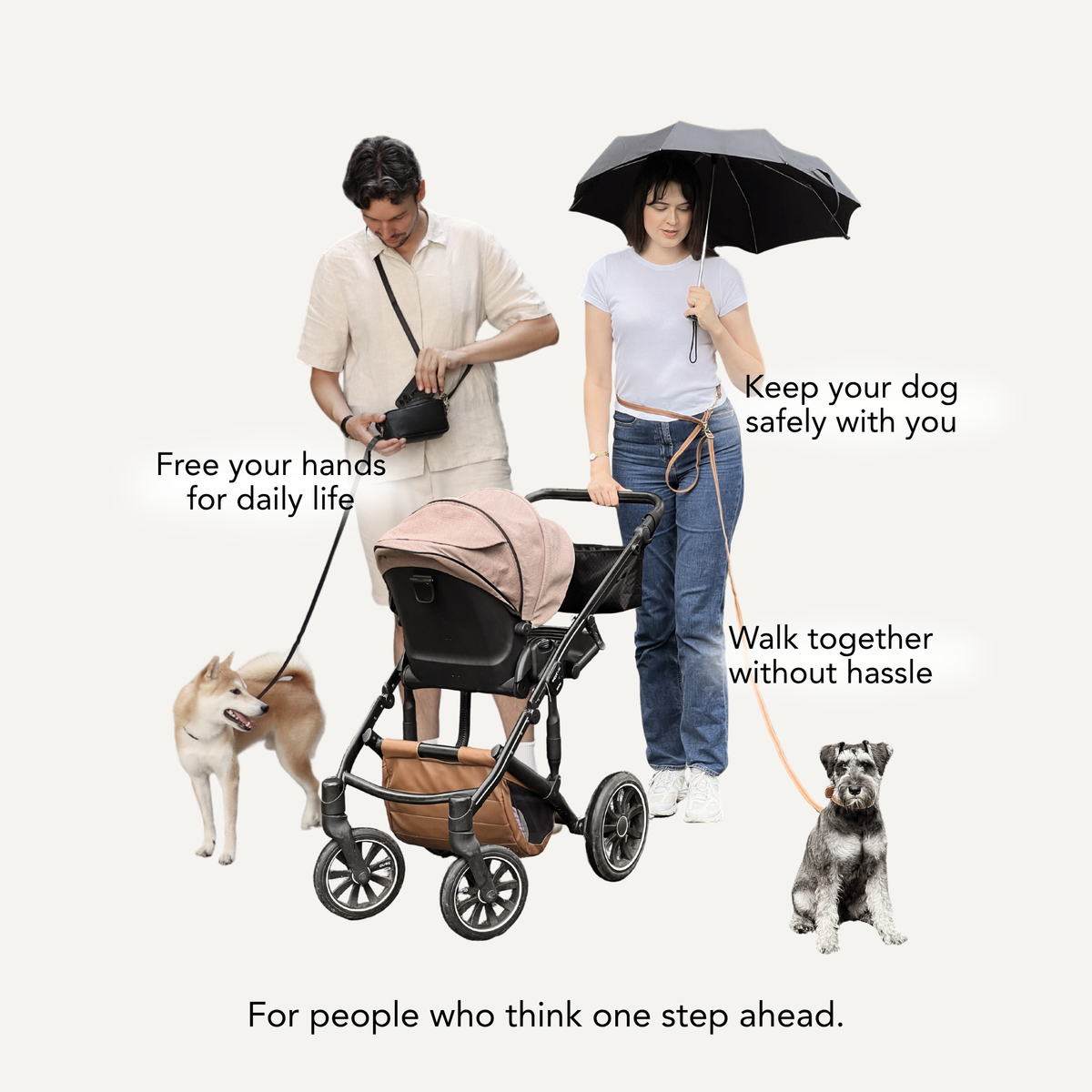 A lifestyle promotional image showing a woman with a black umbrella and a man with a dog leash next to a stroller and two dogs, with text overlays promoting a pet leash product. #lang_en