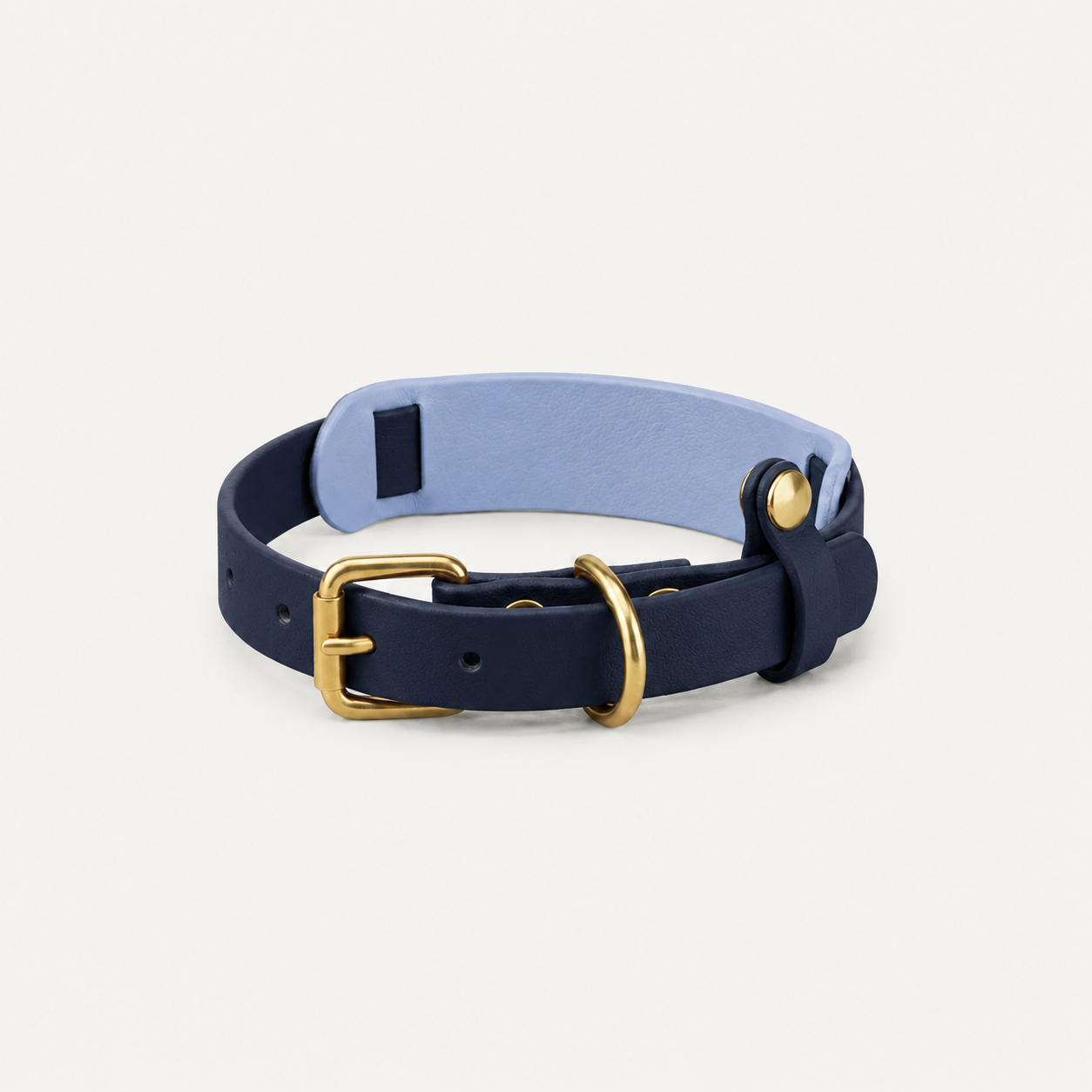 Navy leather dog collar with gold hardware on a light gray background
