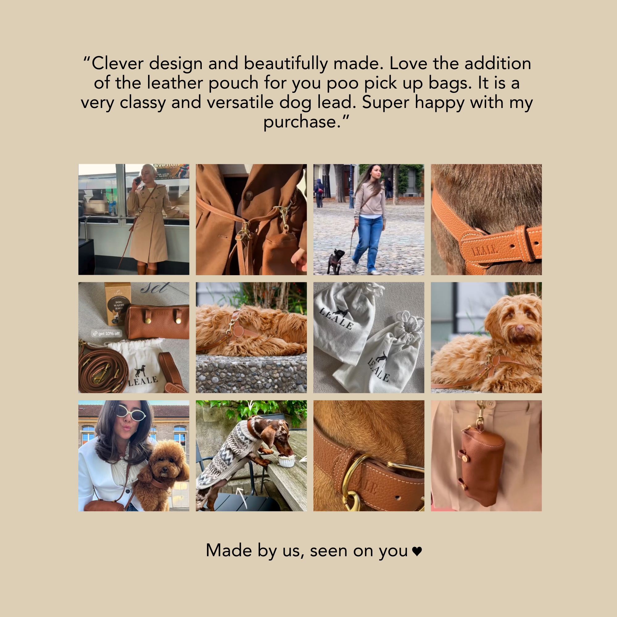 Collage of images featuring a dog, leather pouch, and people with text praising product quality. #lang_en