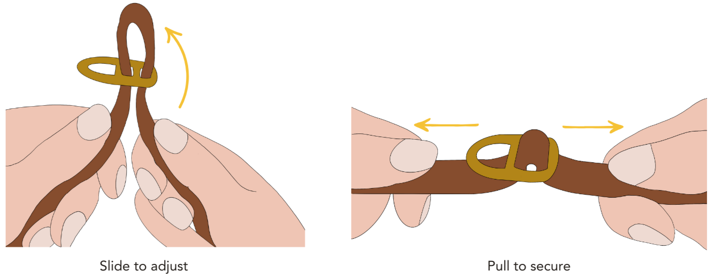 Illustration showing how to adjust and secure a brown dog leash ring to different positions for different use cases.