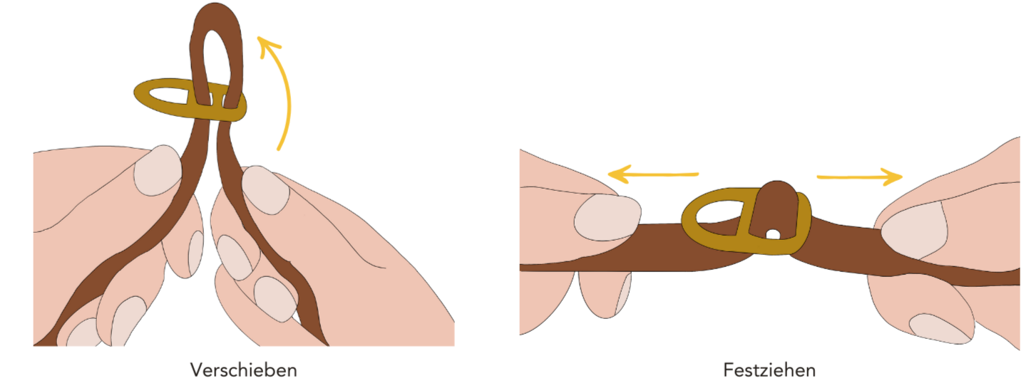 Illustration showing how to slide and lock a ring on a leather strap to adjust the.belt size of a handsfree dog leash