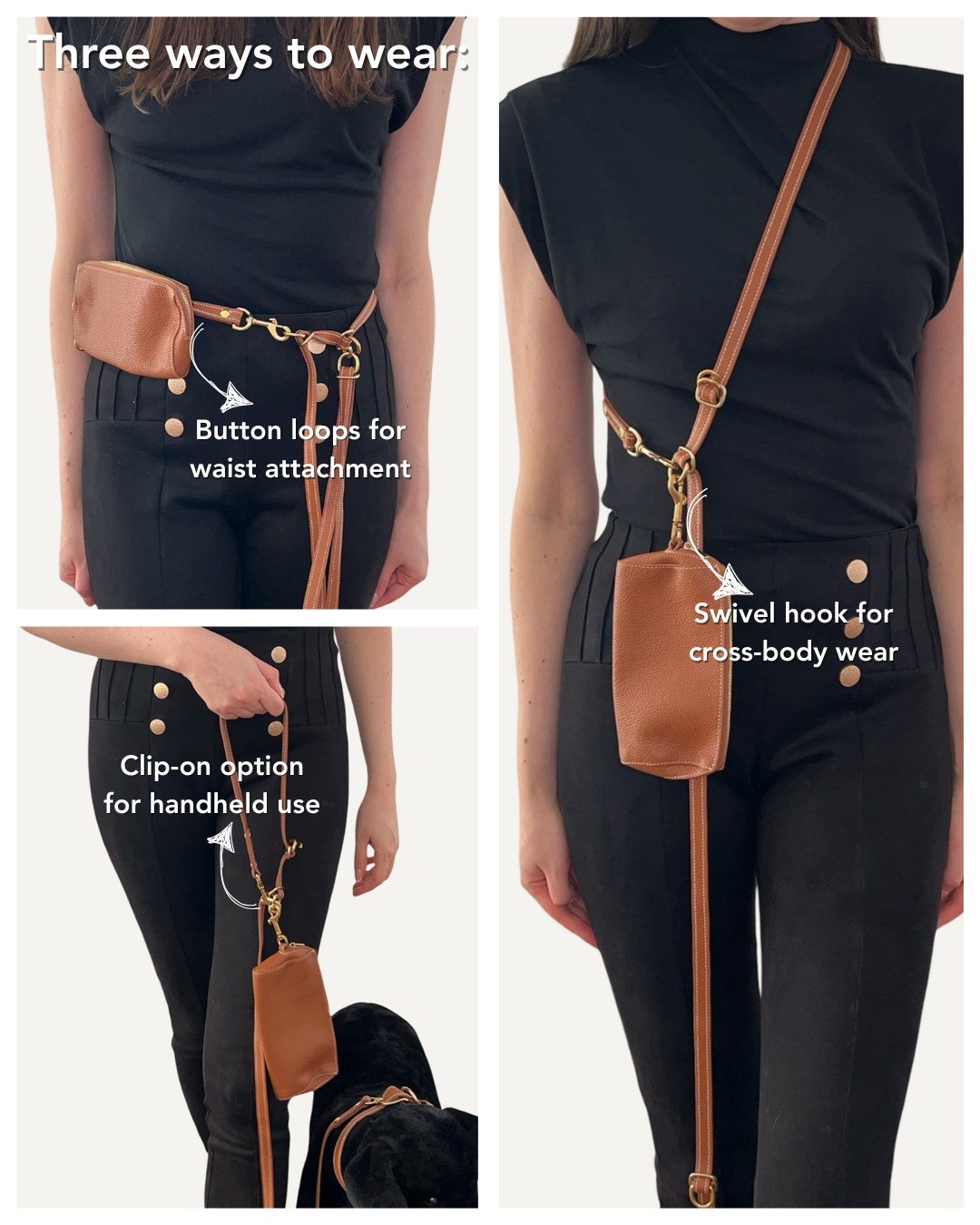 Three ways to wear dog walk essentials bag - crossbody, around the waist or hand-held