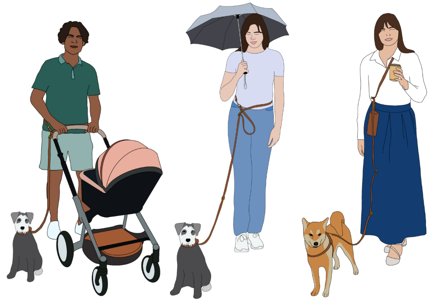 Illustrations of people walking with their dogs using  a handsfree leash with a stroller, umbrella or a coffee-to-go in the hand.