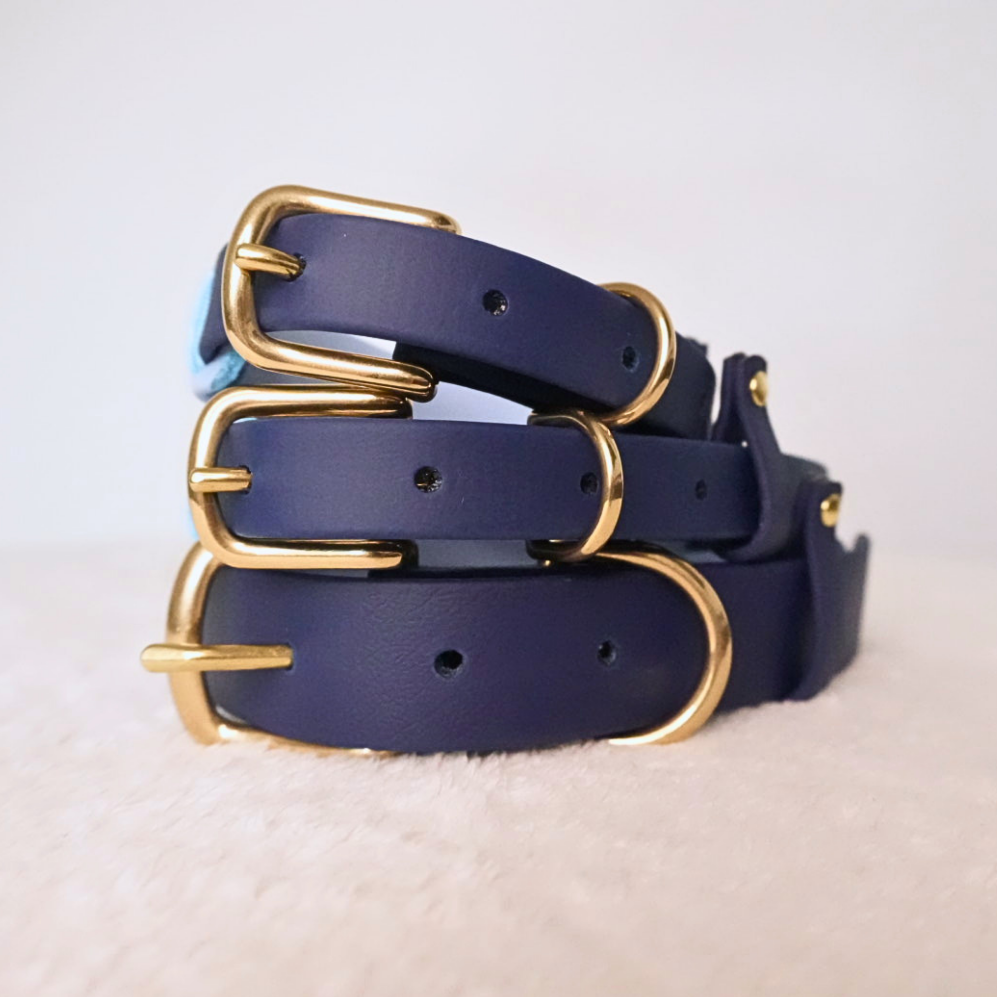 Three navy blue leather dog collars with polished gold-tone metal buckles, stacked on a soft white textured surface against a light background.