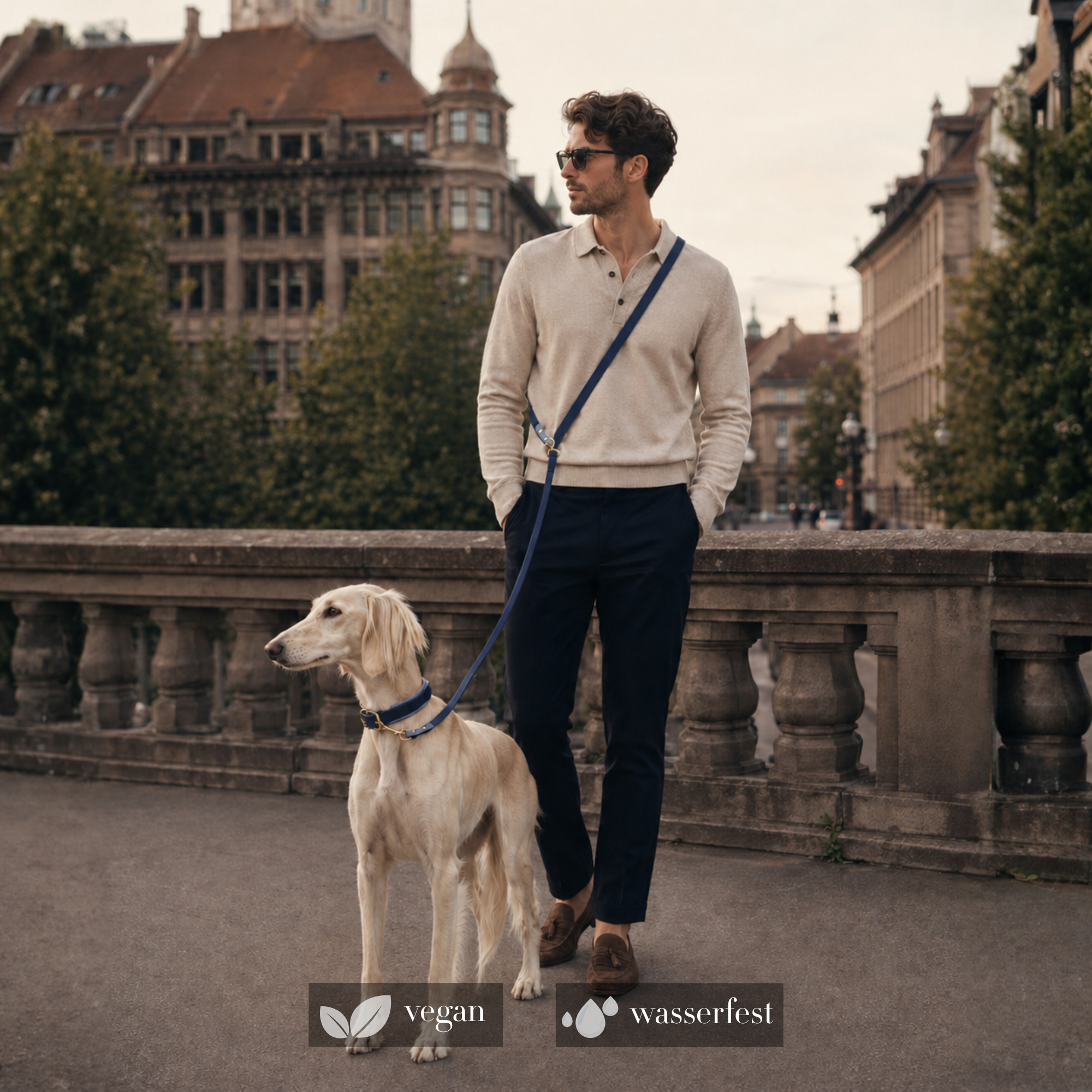 Man walking a dog on a leash in an urban setting with buildings and trees in the background. #lang_de