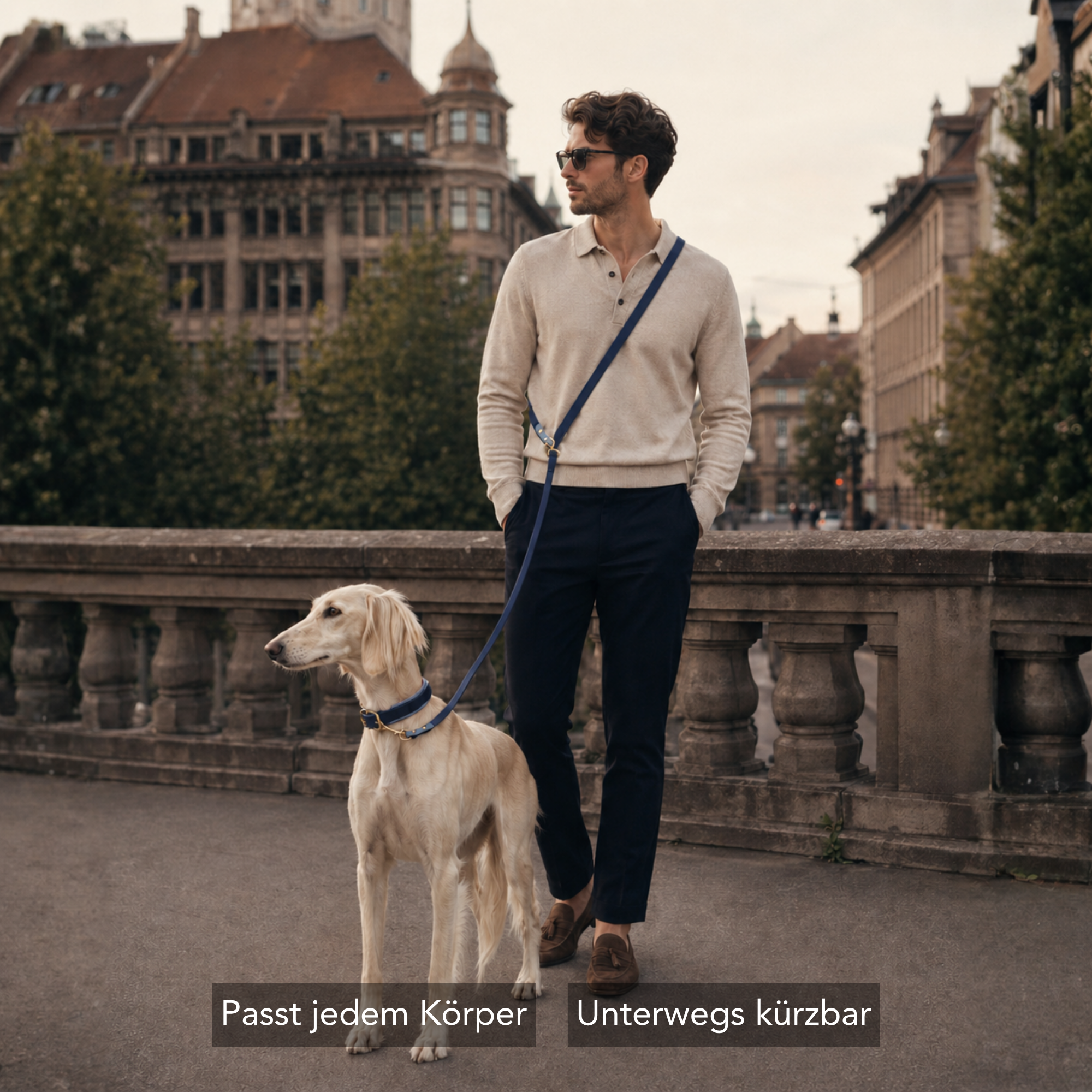 Man walking a dog on a leash in an urban setting with buildings and trees in the background. #lang_de