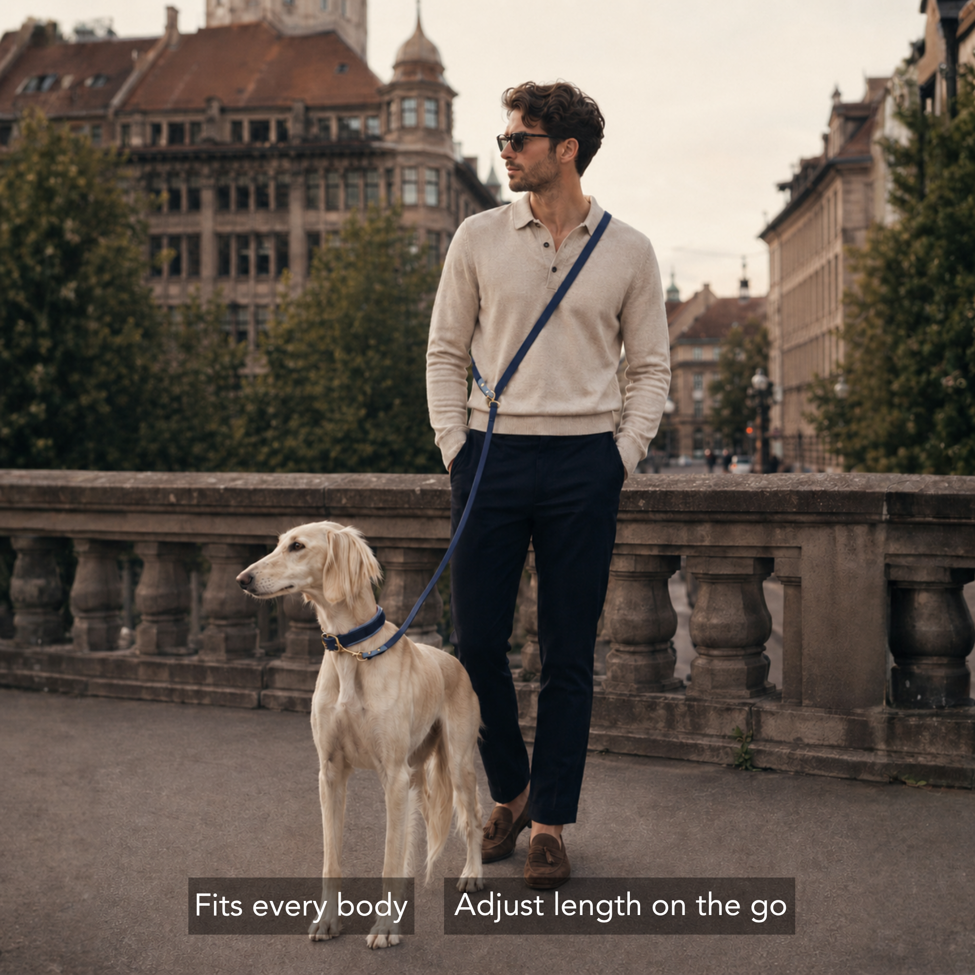 Man walking a dog on a leash made from vegan biothane in navy blue, in an urban setting with buildings and trees in the background. #lang_en
