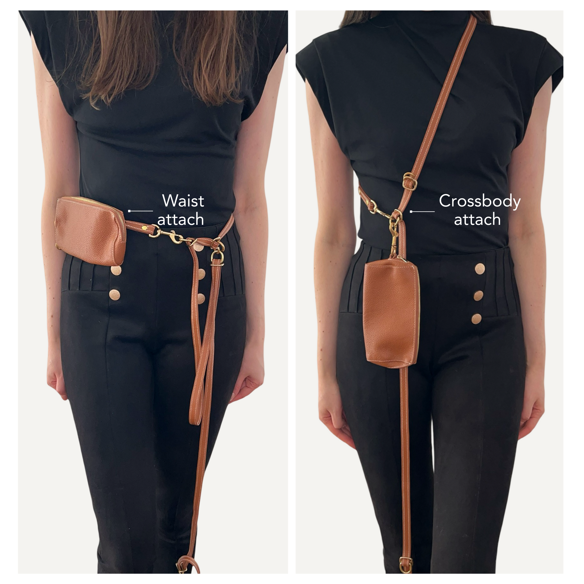 Two views of a person wearing a black outfit with a brown leather bag attached, labeled 'Waist attach' and 'Crossbody attach'. #lang_en