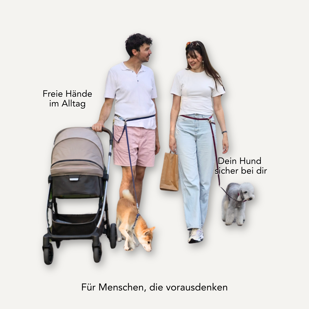 Two people walking dogs with retractable leashes next to a stroller, shown on a light gray background with German text overlays describing the product's use. #lang_de