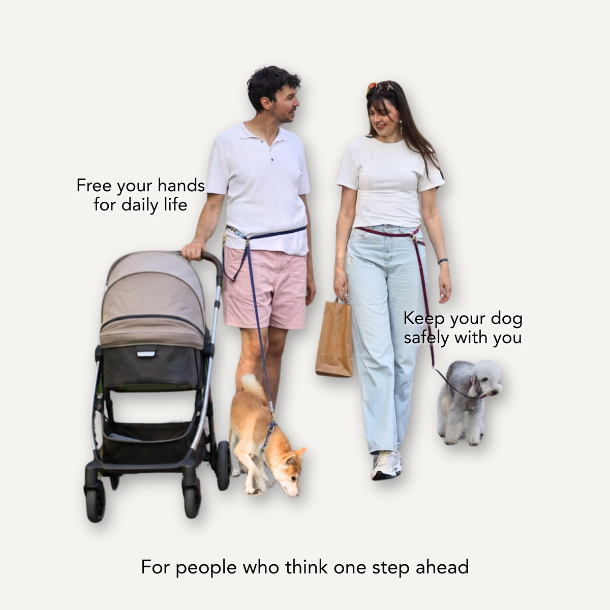 Two people with dogs and a stroller on a plain light background, wearing matching leashes . Text overlays read 'Free your hands for daily life', 'Keep your dog safely with you', and 'Walk together without hassle', with the slogan 'For people who think one step ahead. #lang_en