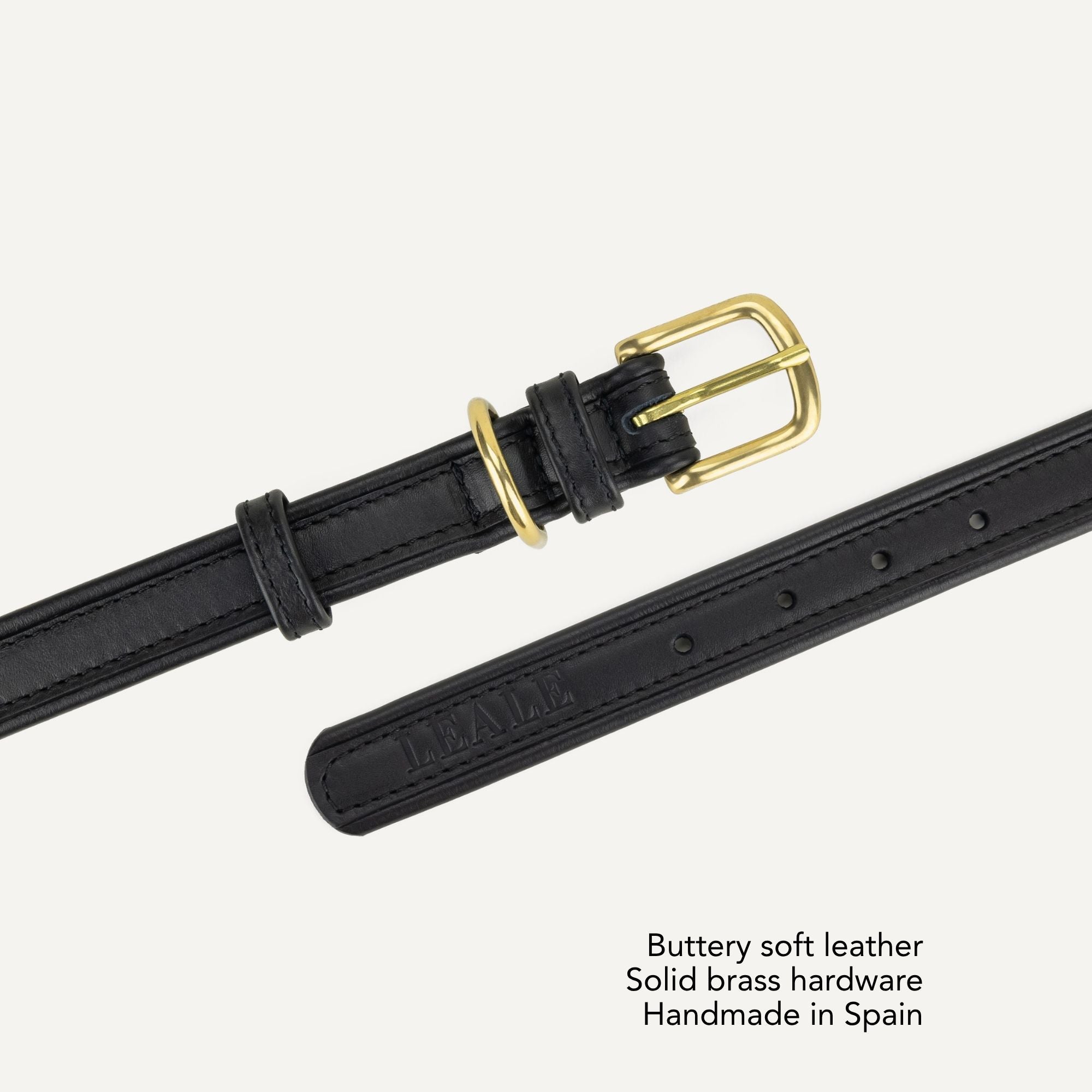 A close-up of a black leather dog collar with a gold-tone brass buckle and keeper, shown on a light gray background with product text overlay. #lang_en