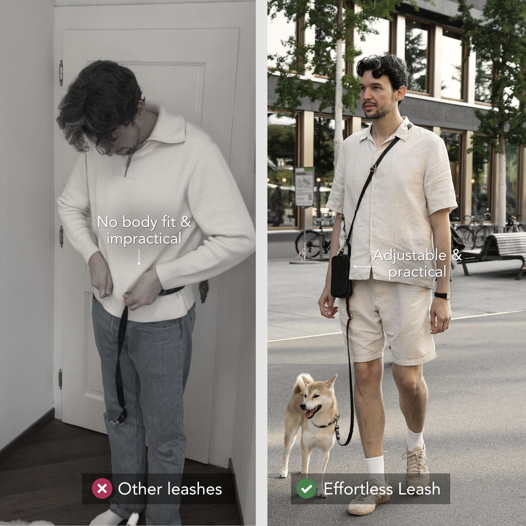 A split comparison showing a man wearing a dog leash in two different settings. The left panel is in black and white, showing a man indoors adjusting an impractical leash that is too thin and short. #lang_en