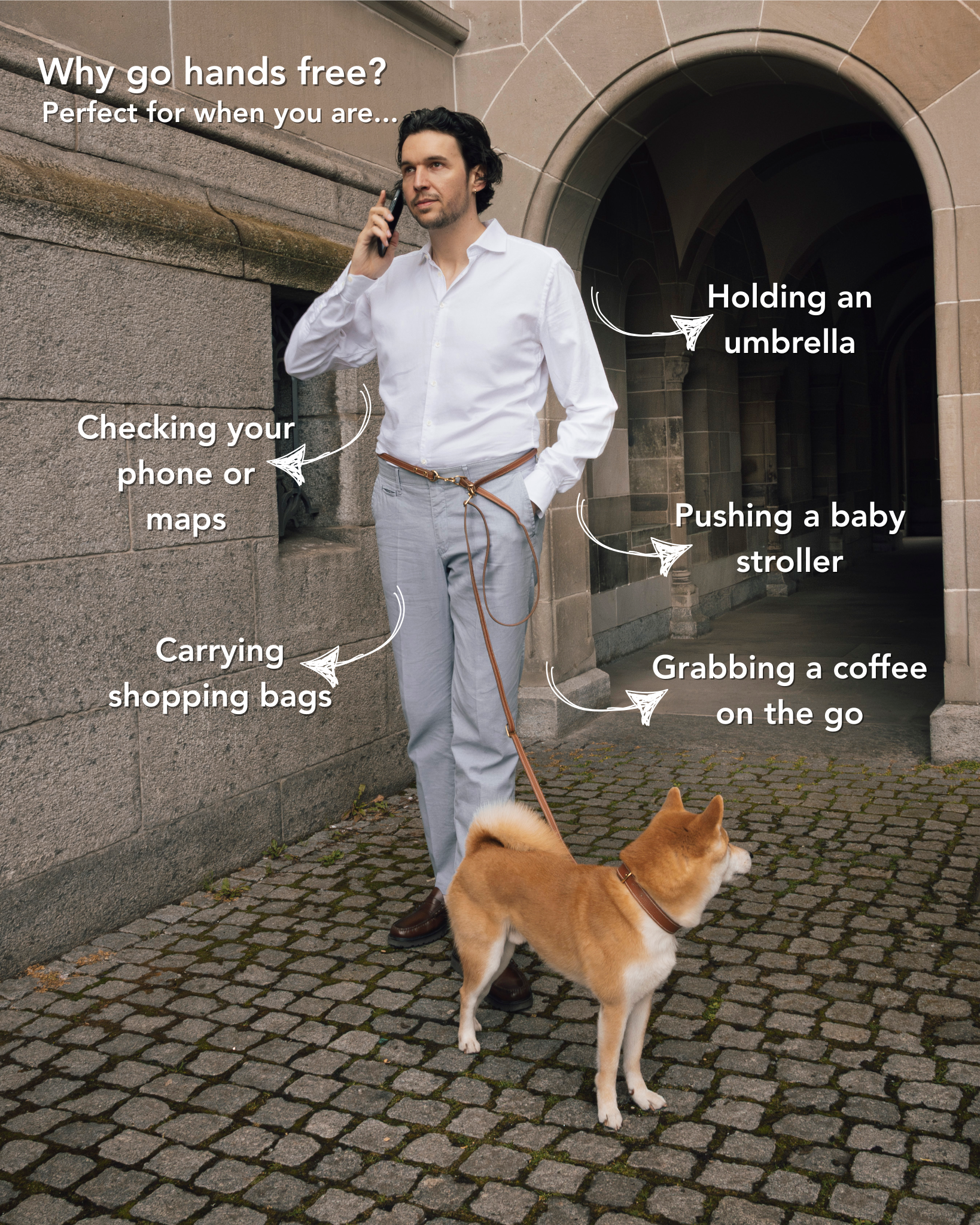 Man walking a dog with a handsfree leash and having a phone call