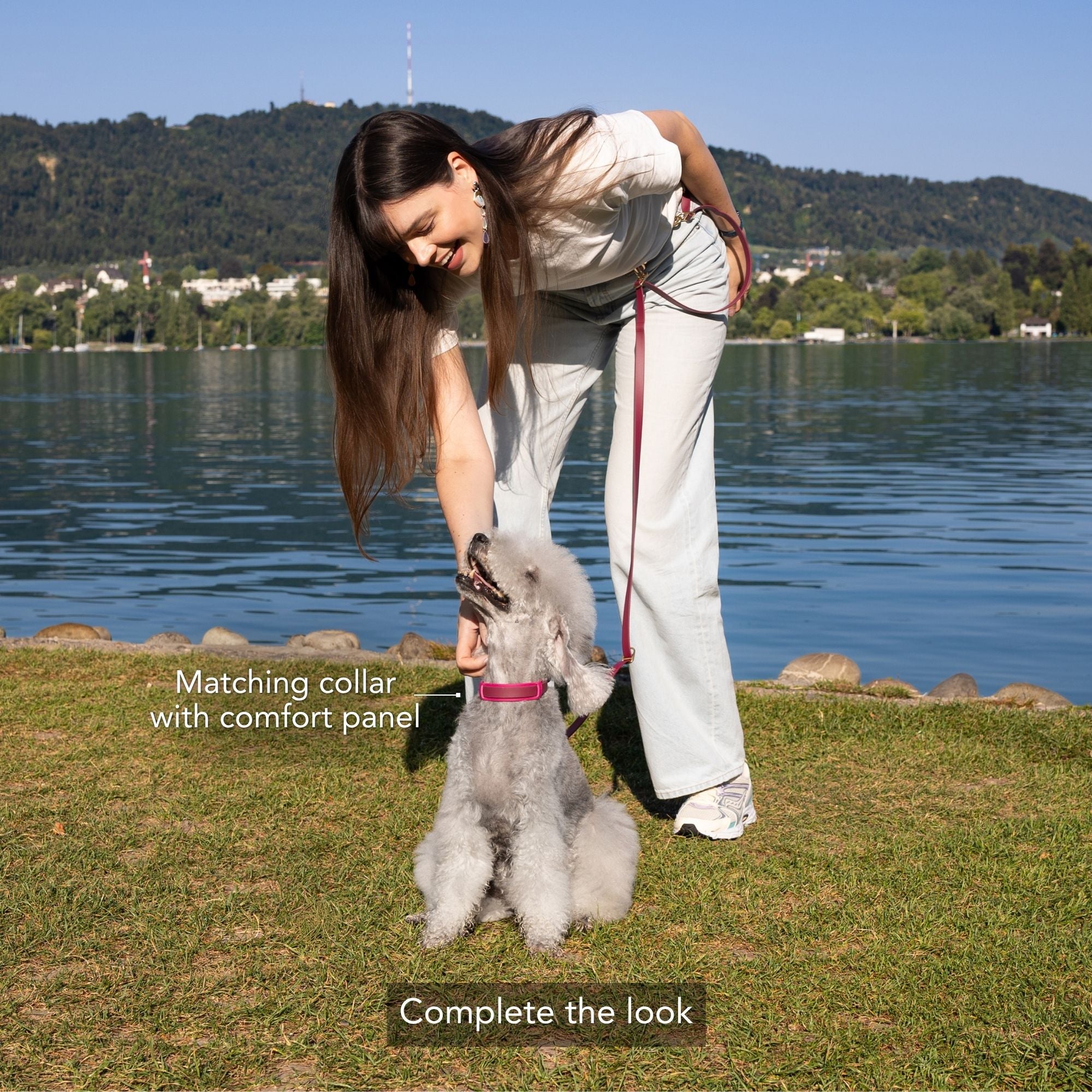 A woman outdoors by a lake bends down to interact with a small gray dog wearing a pink collar and leash. Text on the image highlights the matching collar with a comfort panel and says to complete the look. #lang_en