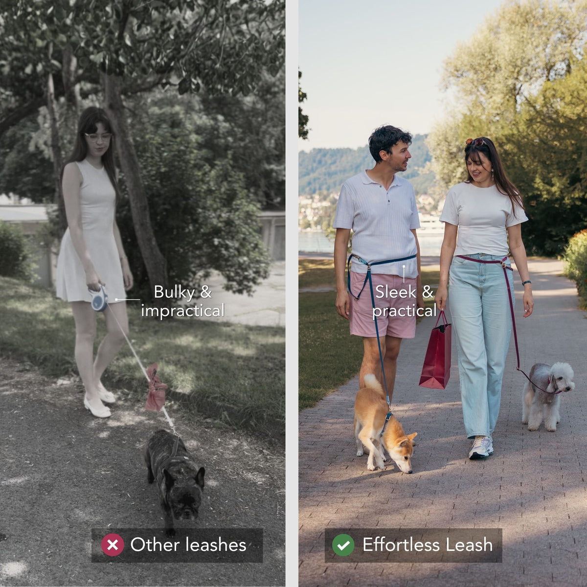 Side-by-side comparison of dog leashes in use outdoors. The left panel shows a woman in a white dress walking a black dog on a leash that appears bulky and impractical, with text reading 'Bulky & impractical' and a red X. #lang_en