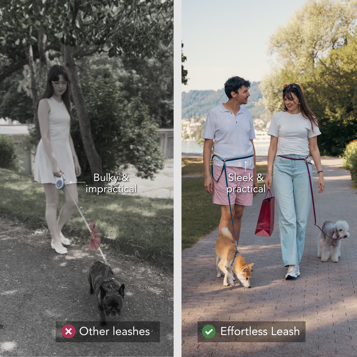Side-by-side comparison of dog leashes in use outdoors. The left panel shows a woman in a white dress walking a black dog on a leash that appears bulky and impractical, with text reading 'Bulky & impractical' and a red X. #lang_en