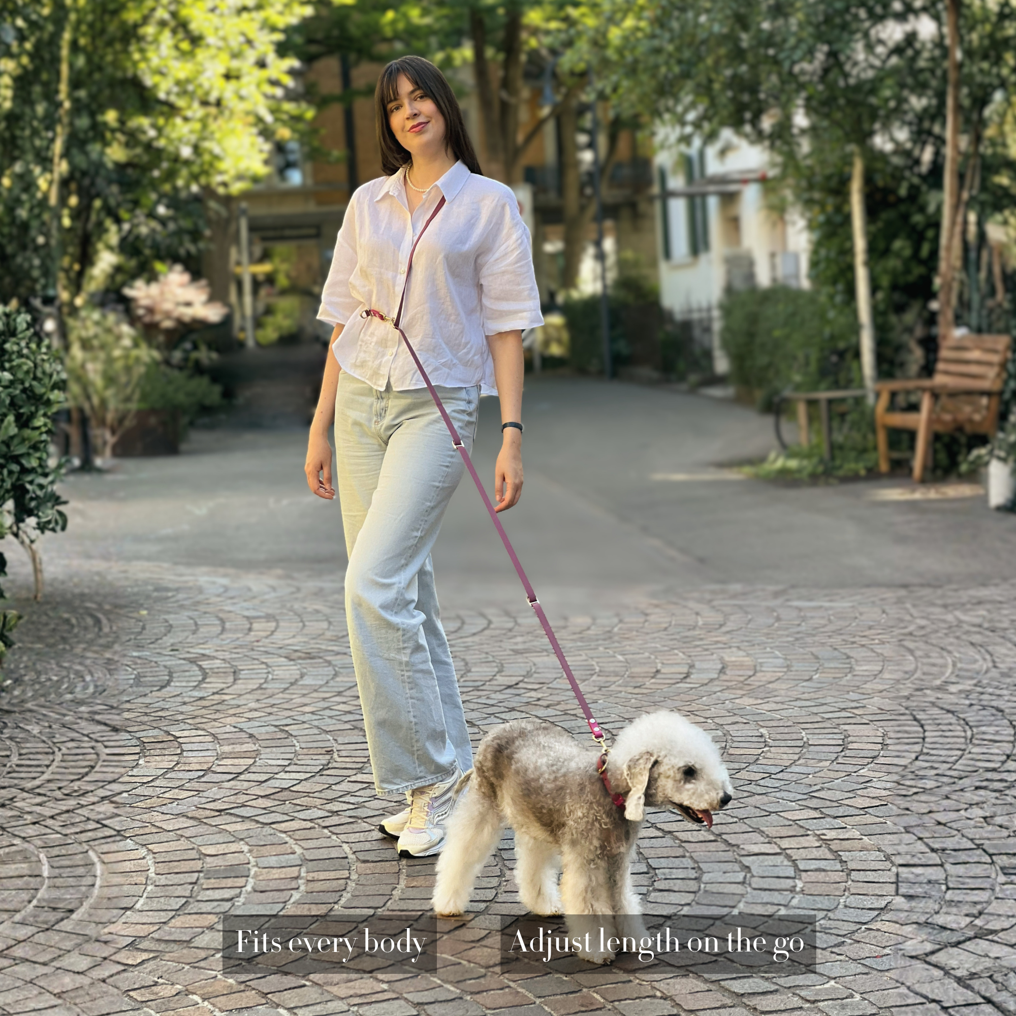 Woman walking a dog on a leash in an outdoor setting in Zurich Seefeld #lang_en