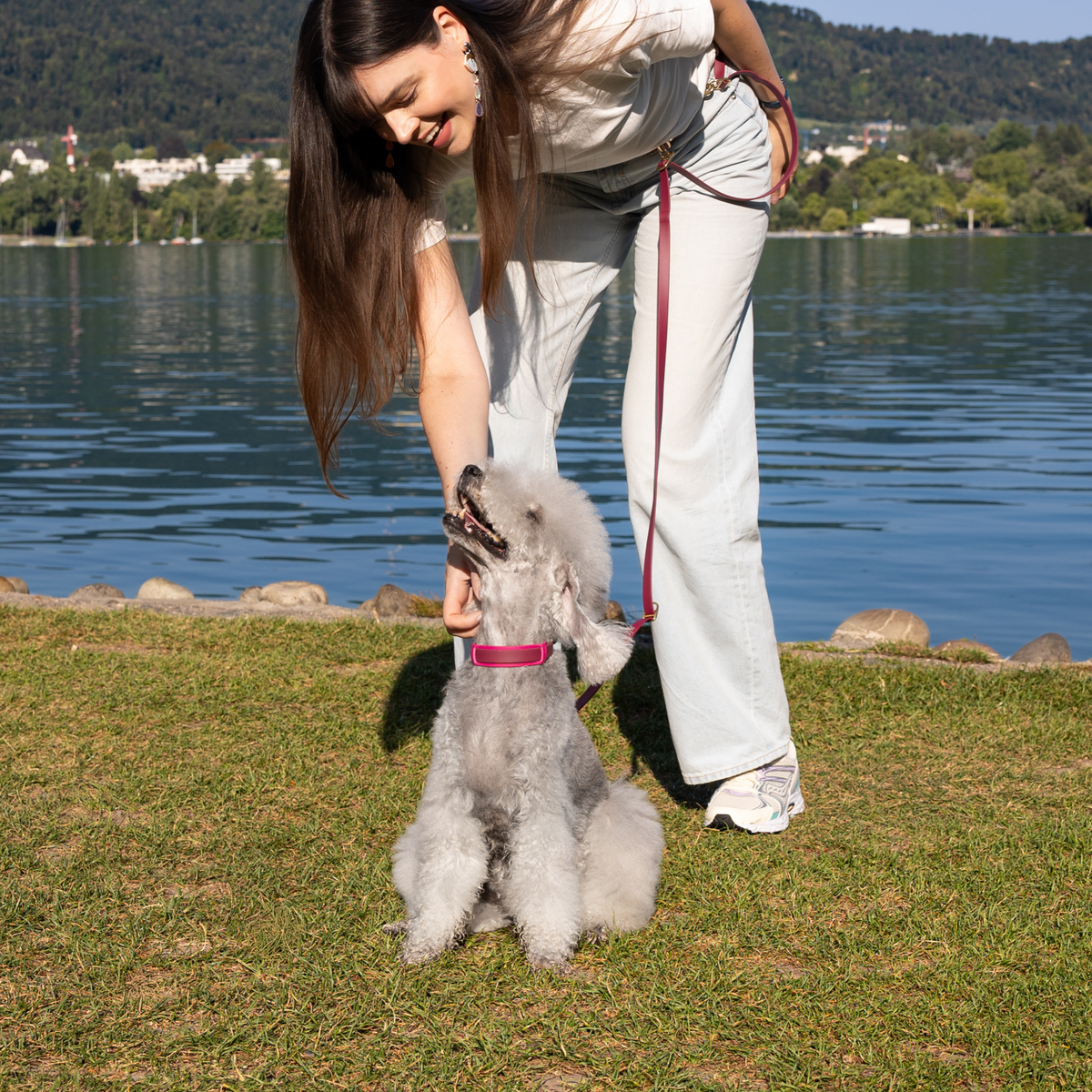 A woman in a white outfit bends down to greet a small gray poodle wearing a pink collar and leash on a grassy lakeside lawn.